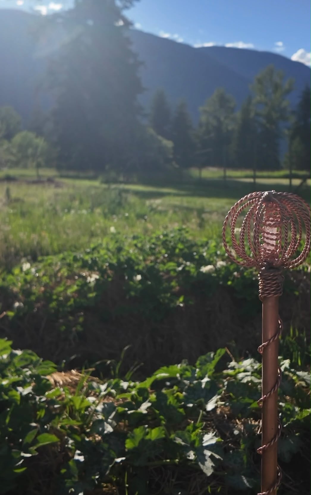 Copper harmonizer antenna standing in a meadow